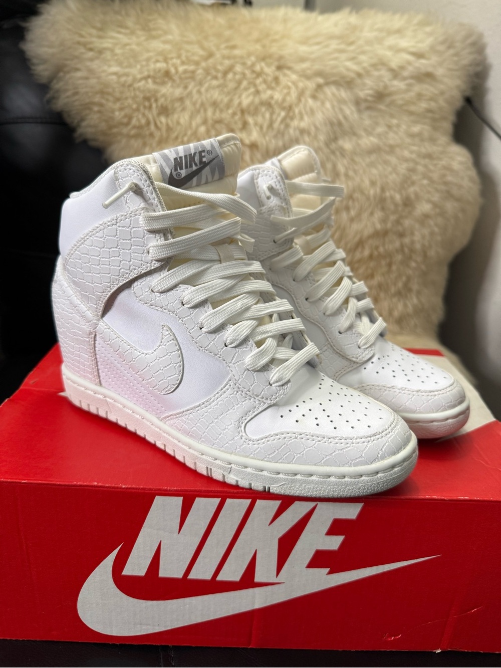 RARE Nike Triple White Croc Dunk Sky Hi Wedge Sneakers Japan Women’s 6.5 W/Box